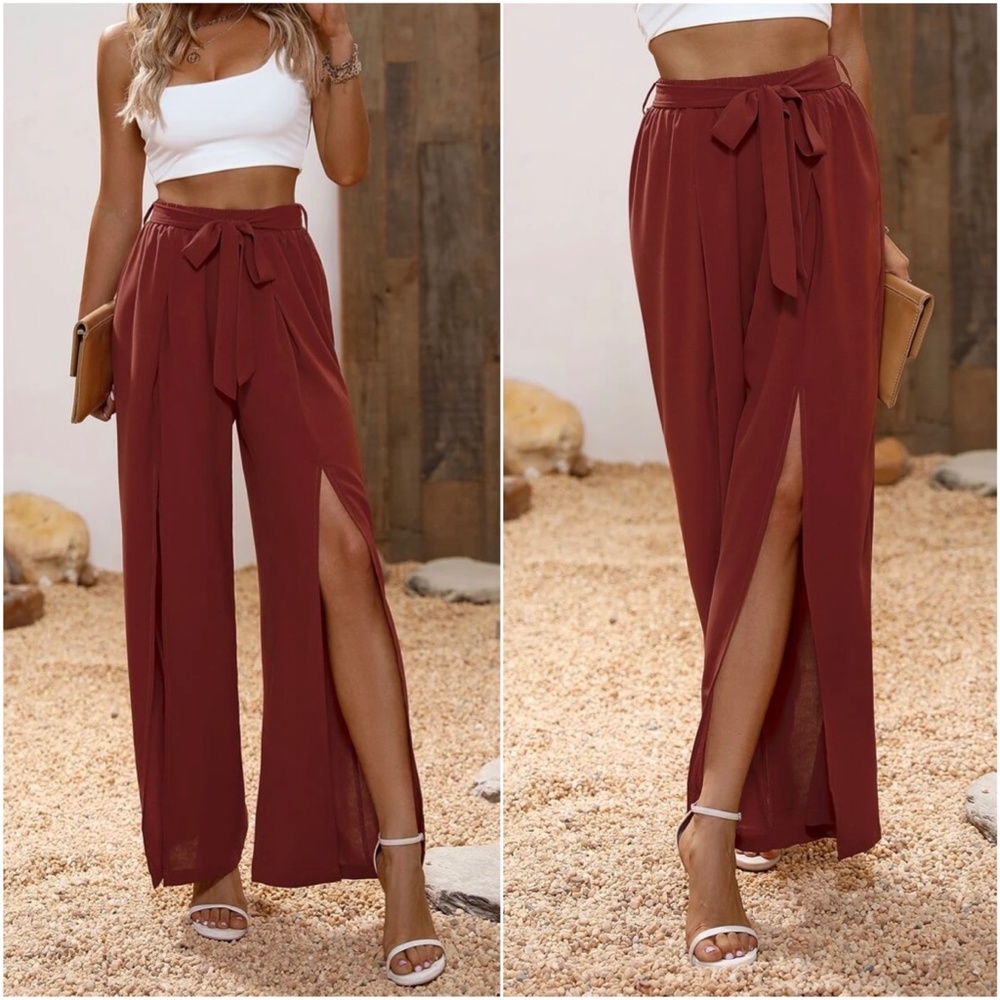 Black Slit Leg Wide leg Chic Pants - Picture 5 of 9
